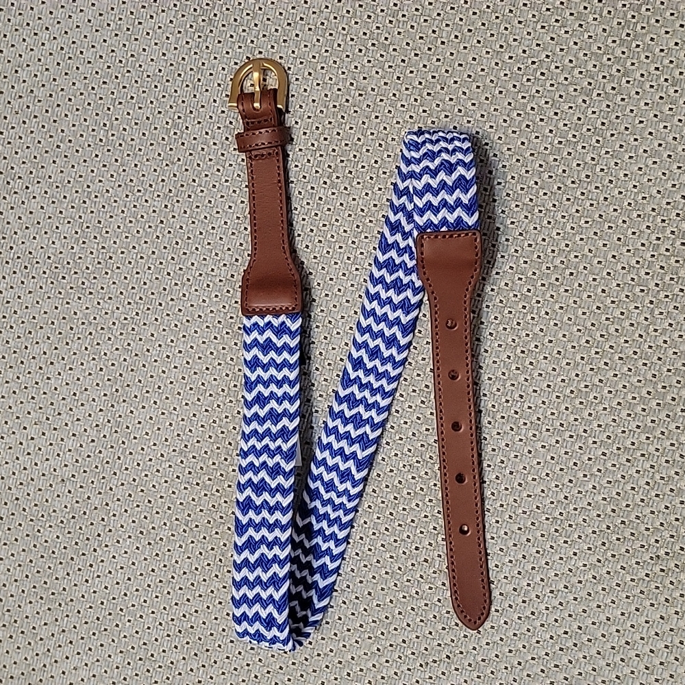 NWT Brooks Brothers Brown Leather & Blue & White Zigzag Stretch Belt Size: M